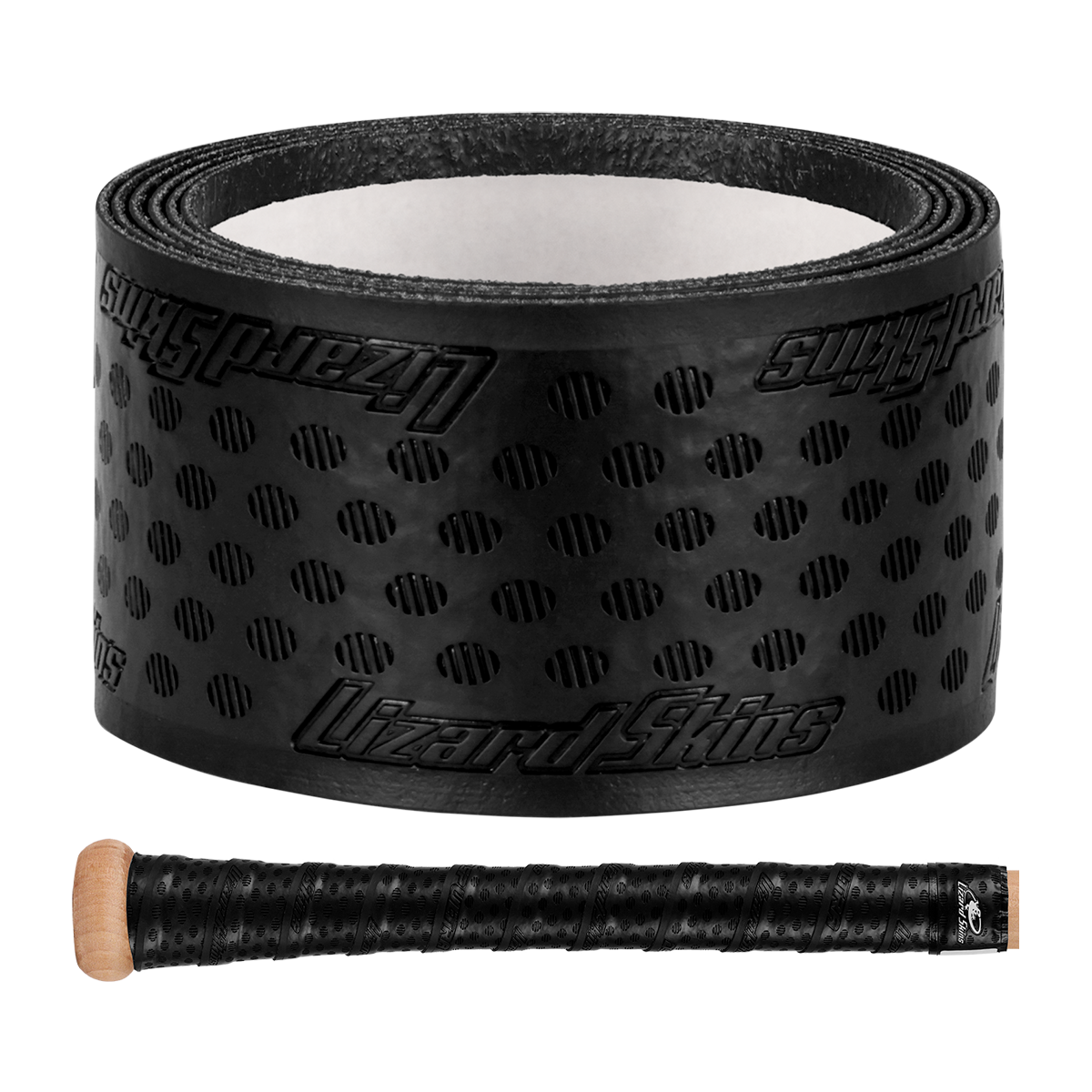 A roll of Lizard Skins DSP Ultra Solid 1.1mm Bat Grip in black, featuring a textured, dotted pattern, is displayed above a bat handle wrapped with the same grip, set against a plain light gray background.