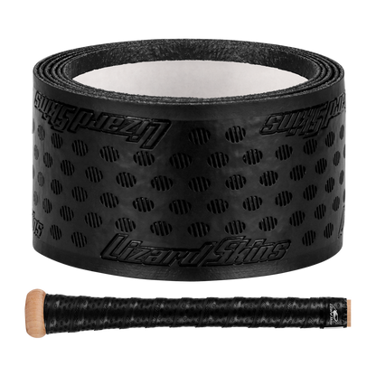 A roll of Lizard Skins DSP Ultra Solid 1.1mm Bat Grip in black, featuring a textured, dotted pattern, is displayed above a bat handle wrapped with the same grip, set against a plain light gray background.