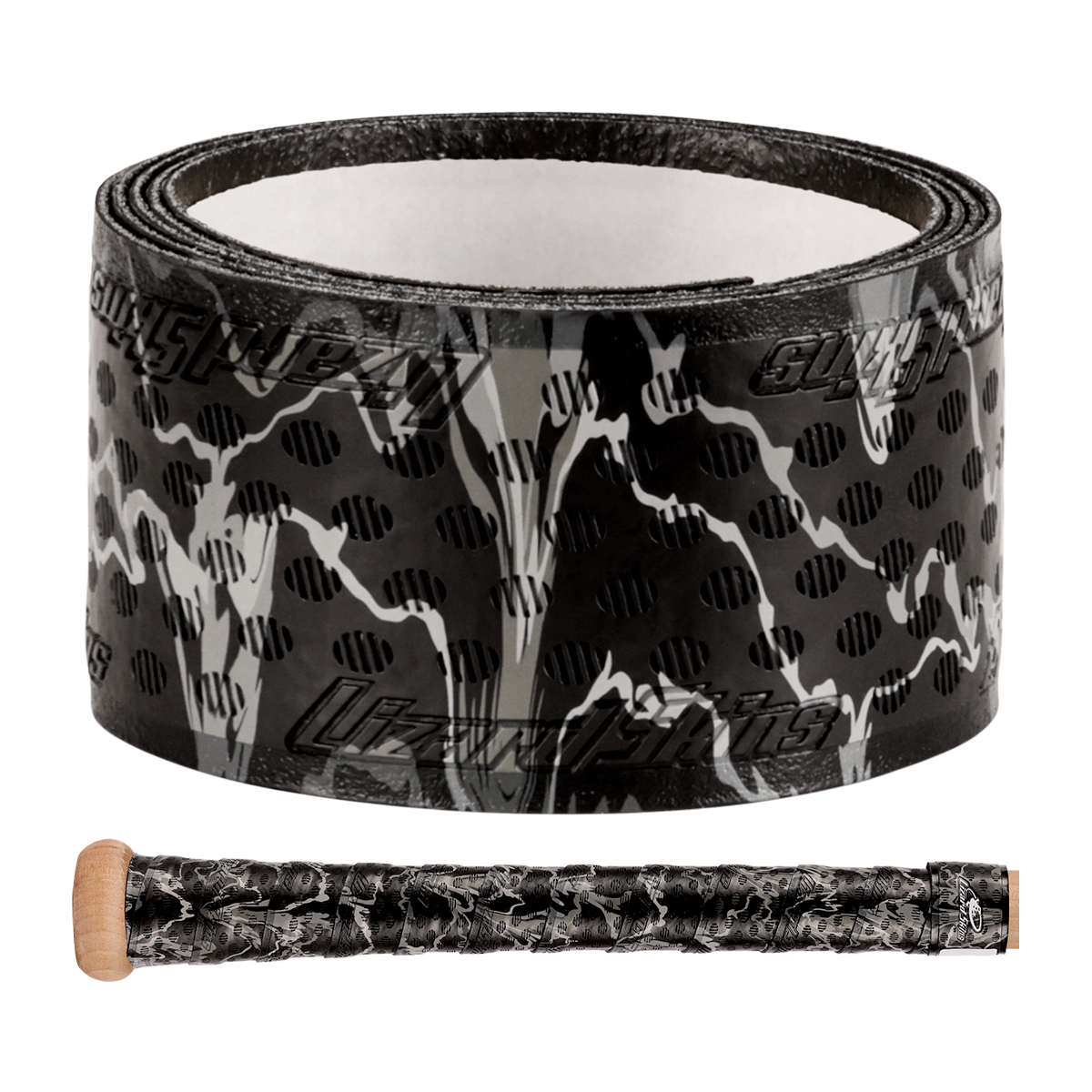 A roll of Lizard Skins DSP Ultra Camo 1.1mm Bat Grip is shown above a bat handle wrapped with the same Lizard Skins grip, featuring a textured, camo-inspired black and white pattern.
