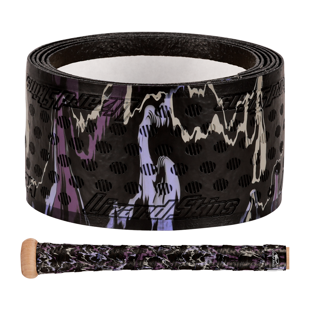 The Lizard Skins DSP Ultra Camo 1.1mm Bat Grip, in black with purple, white, and tan camo plus black polka dots, is shown rolled up and wrapped on a wooden bat handle.