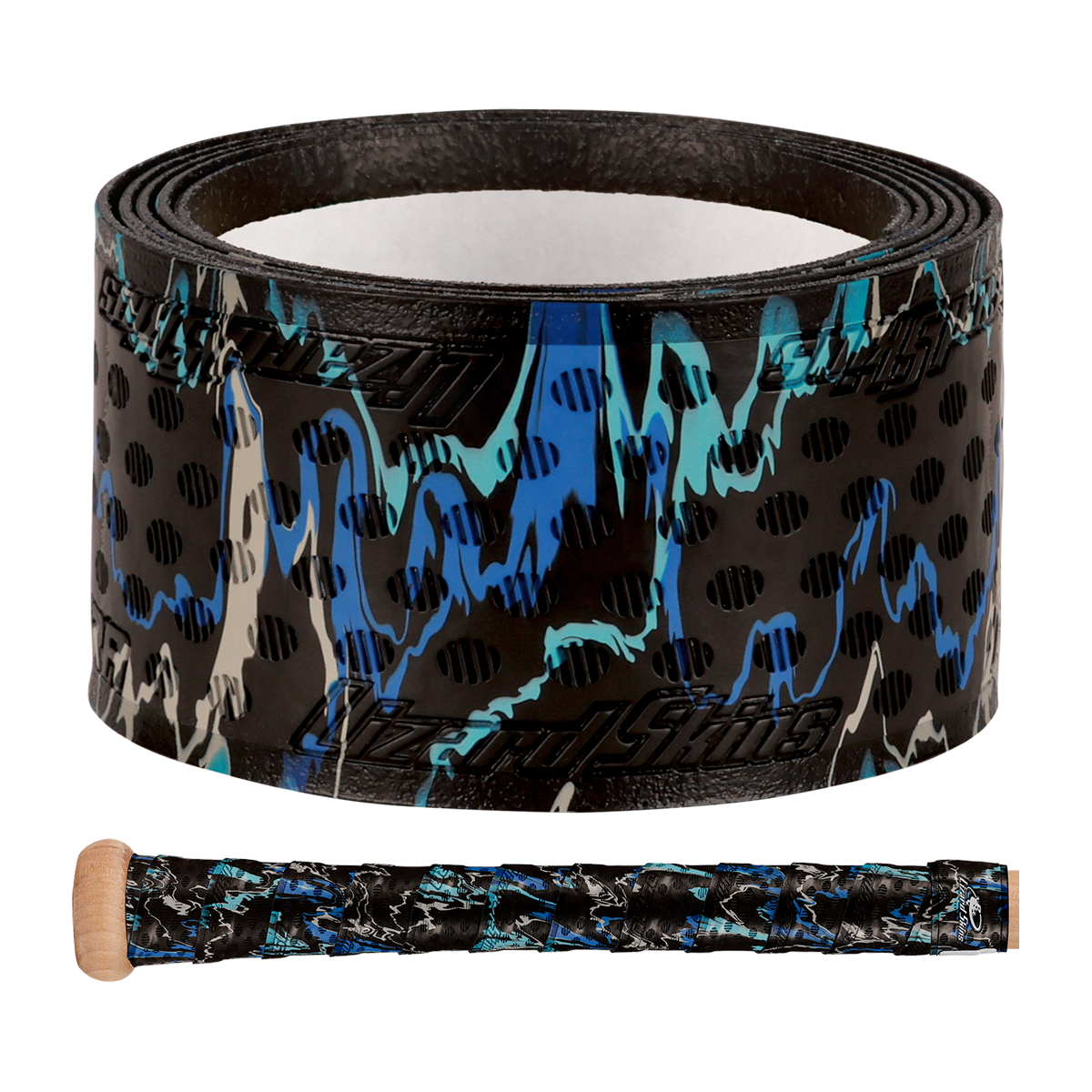 Lizard Skins DSP Ultra Camo 1.1mm Bat Grip in black and blue, shown on a bat.