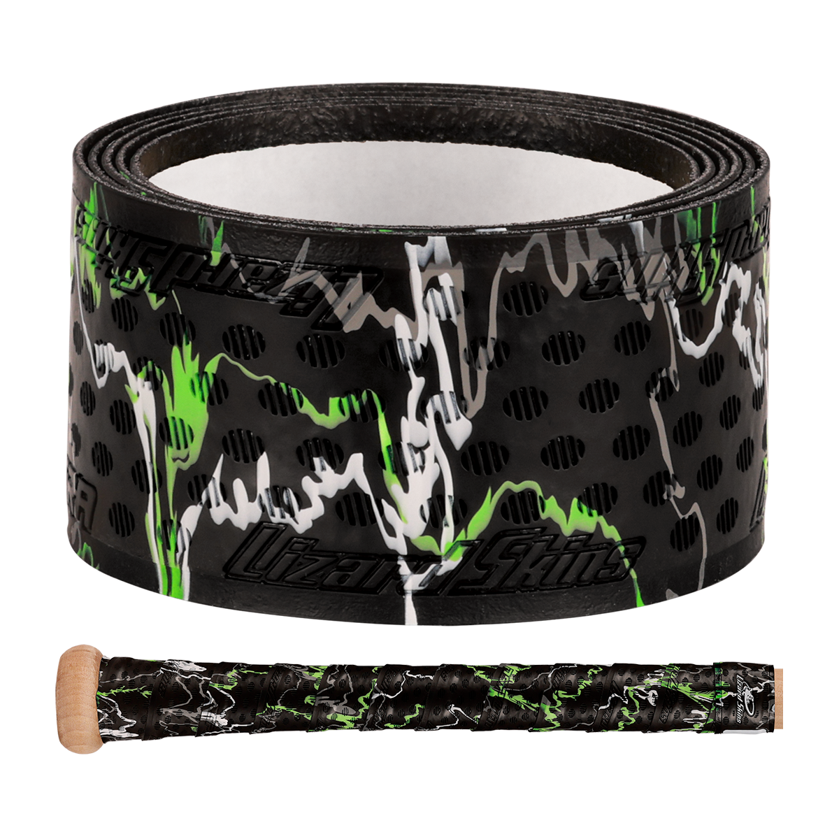 The Lizard Skins DSP Ultra Camo 1.1mm Bat Grip from Lizard Skins features green, white, and gray streaks, a perforated texture, and a glossy finish, shown coiled and wrapped around a bat handle.