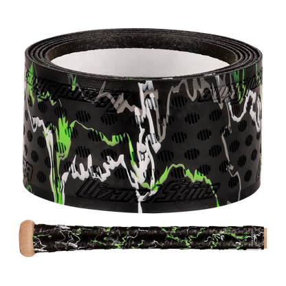 The Lizard Skins DSP Ultra Camo 1.1mm Bat Grip from Lizard Skins features green, white, and gray streaks, a perforated texture, and a glossy finish, shown coiled and wrapped around a bat handle.