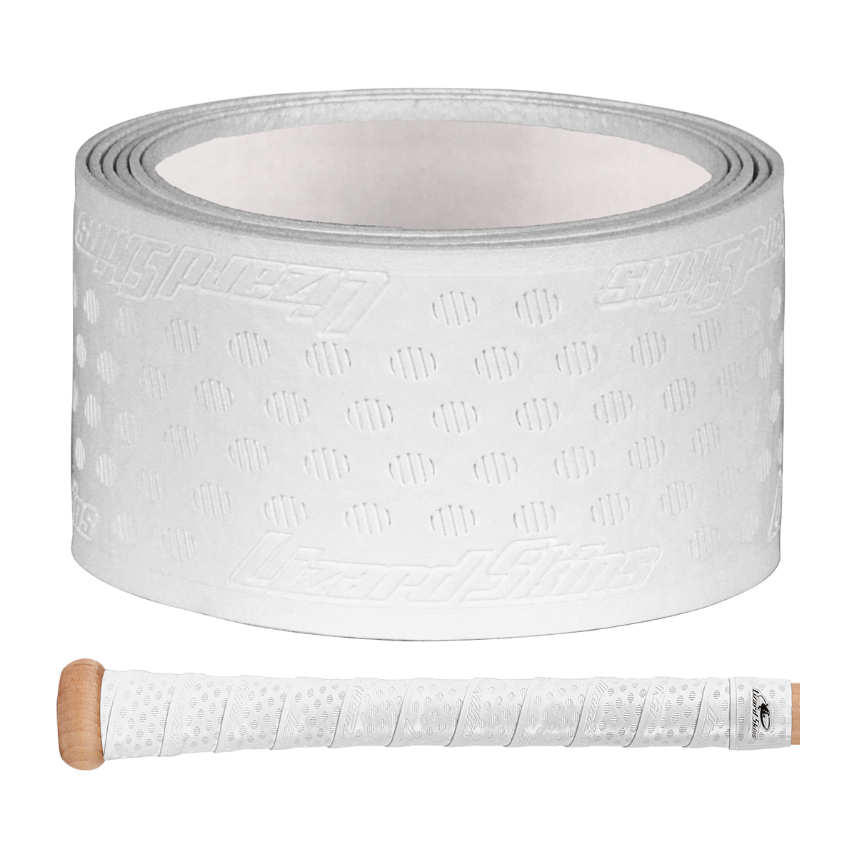 A Lizard Skins DSP Ultra Solid 1.1mm Bat Grip—white, textured, and perforated—is shown above a wooden-handled item wrapped in the same branded grip tape.