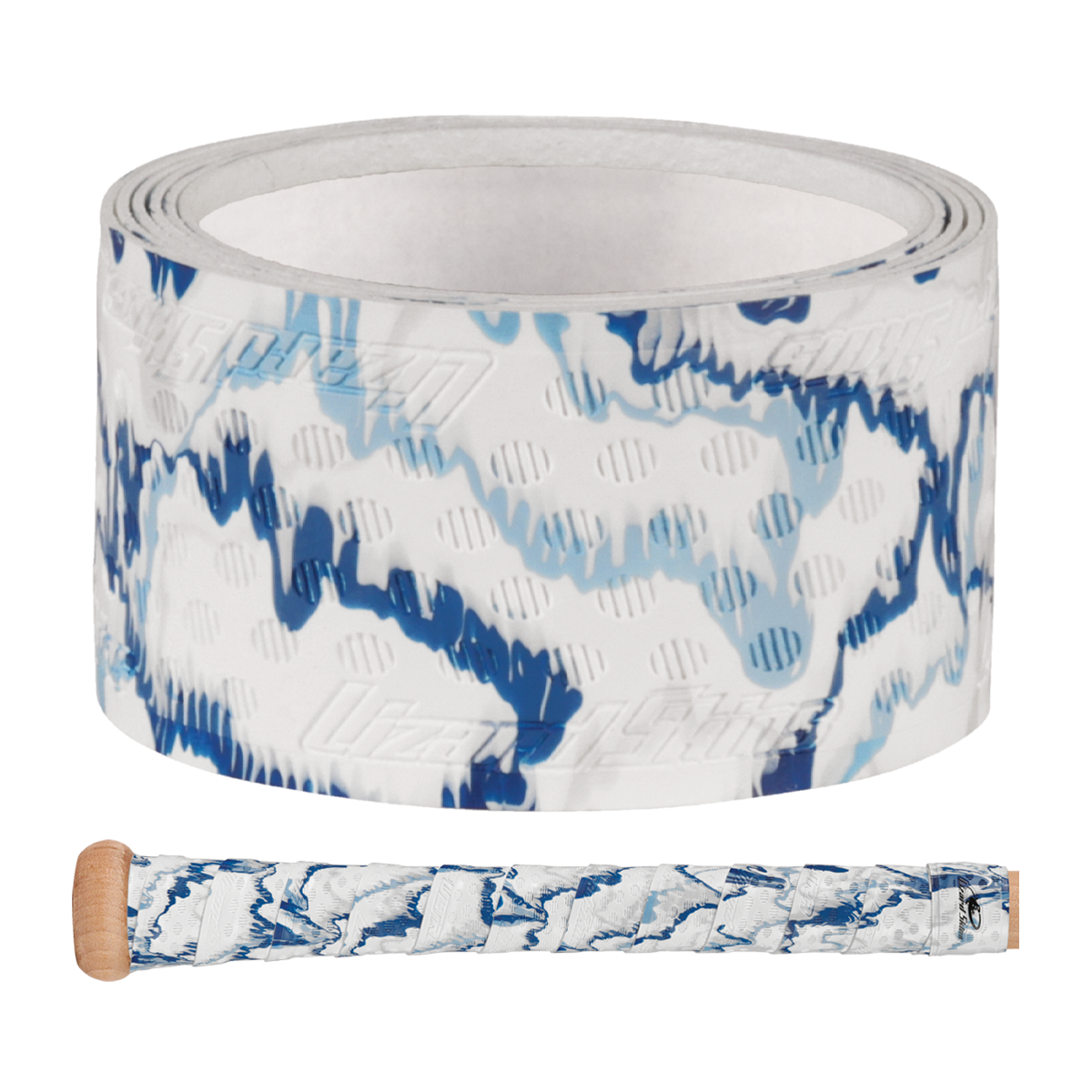 The Lizard Skins DSP Ultra Camo 1.1mm Bat Grip, featuring blue and light blue abstract wavy patterns, is shown with a baseball bat handle wrapped in the same stylish design from Lizard Skins.