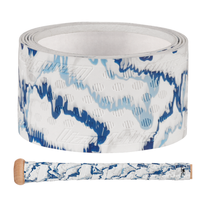 The Lizard Skins DSP Ultra Camo 1.1mm Bat Grip, featuring blue and light blue abstract wavy patterns, is shown with a baseball bat handle wrapped in the same stylish design from Lizard Skins.