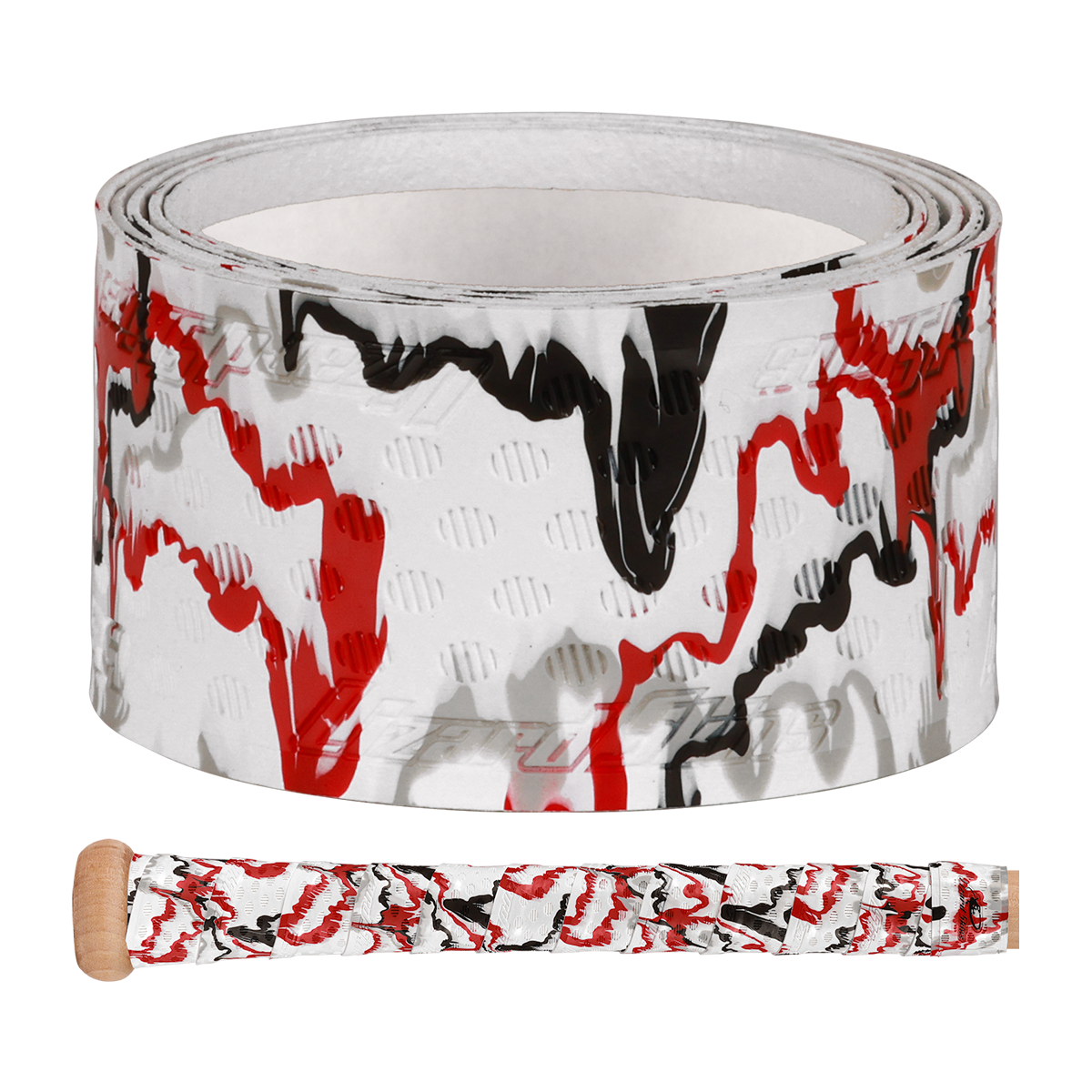 A roll of Lizard Skins DSP Ultra Camo 1.1mm Bat Grip in white with a black and red abstract pattern, shown beside a bat handle wrapped with the same Lizard Skins polymer grip.