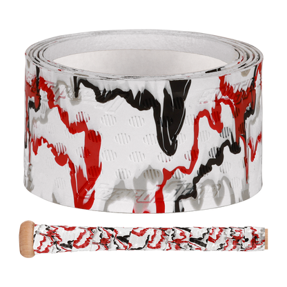 A roll of Lizard Skins DSP Ultra Camo 1.1mm Bat Grip in white with a black and red abstract pattern, shown beside a bat handle wrapped with the same Lizard Skins polymer grip.