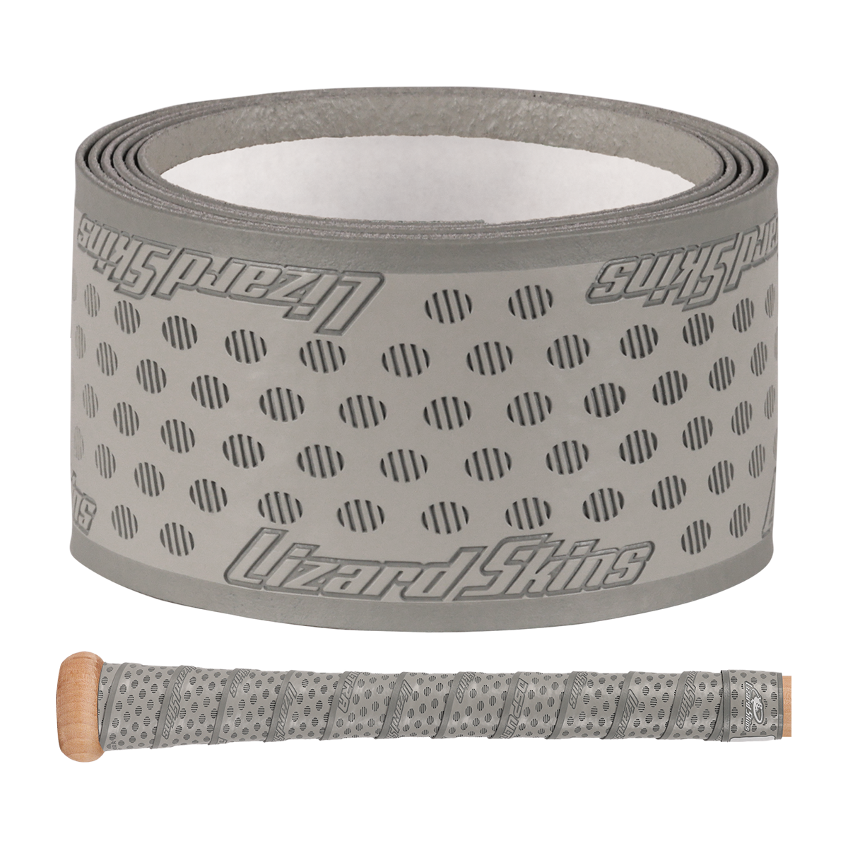 A roll of Lizard Skins DSP Ultra Solid 1.1mm Bat Grip in gray, inspired by their bat grip tech, features a dotted pattern and is shown above a bike handlebar wrapped in the same tape with a wooden bar end plug.