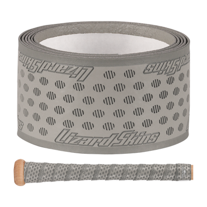 A roll of Lizard Skins DSP Ultra Solid 1.1mm Bat Grip in gray, inspired by their bat grip tech, features a dotted pattern and is shown above a bike handlebar wrapped in the same tape with a wooden bar end plug.
