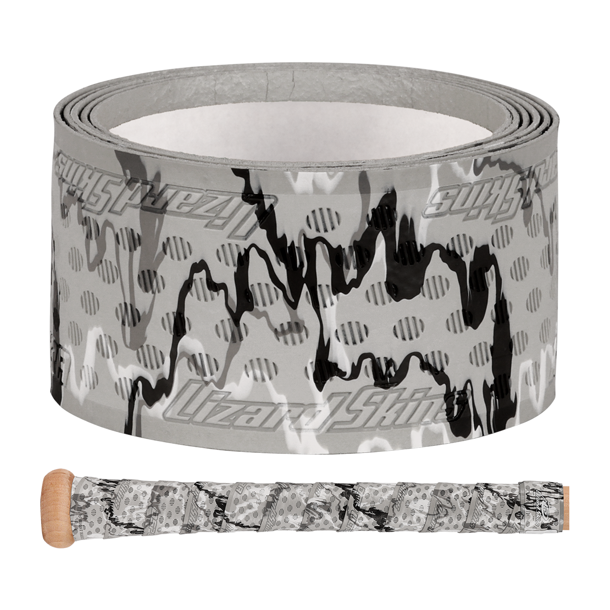 The Lizard Skins DSP Ultra Camo 1.1mm Bat Grip features gray polymer tape with black abstract patterns and the Lizard Skins logo, designed to enhance grip on sports equipment.