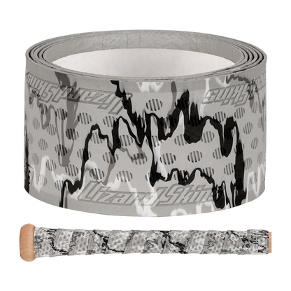 The Lizard Skins DSP Ultra Camo 1.1mm Bat Grip features gray polymer tape with black abstract patterns and the Lizard Skins logo, designed to enhance grip on sports equipment.