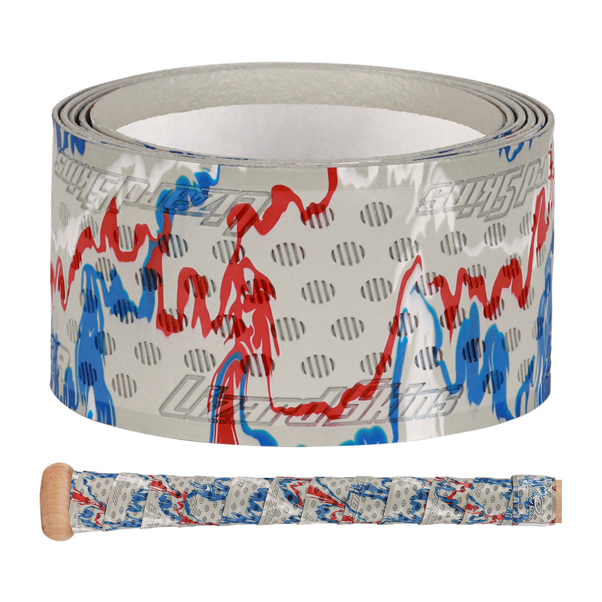 A roll of Lizard Skins DSP Ultra Camo 1.1mm Bat Grip, featuring a white base with blue and red wavy lines and gray dots; below, a wooden bat handle is wrapped with the same Lizard Skins grip.