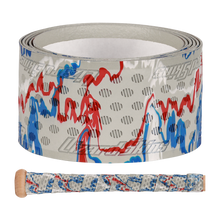 A roll of Lizard Skins DSP Ultra Camo 1.1mm Bat Grip, featuring a white base with blue and red wavy lines and gray dots; below, a wooden bat handle is wrapped with the same Lizard Skins grip.