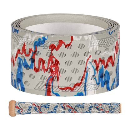 A roll of Lizard Skins DSP Ultra Camo 1.1mm Bat Grip, featuring a white base with blue and red wavy lines and gray dots; below, a wooden bat handle is wrapped with the same Lizard Skins grip.
