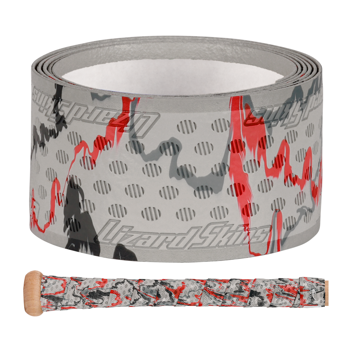 A Lizard Skins DSP Ultra Camo 1.1mm Bat Grip with gray, black, and red camouflage is displayed above a wooden baseball bat handle wrapped in the same Lizard Skins polymer grip.