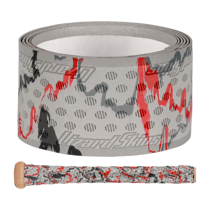 A Lizard Skins DSP Ultra Camo 1.1mm Bat Grip with gray, black, and red camouflage is displayed above a wooden baseball bat handle wrapped in the same Lizard Skins polymer grip.