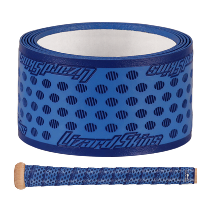A roll of Lizard Skins DSP Ultra Solid 1.1mm Bat Grip in blue is shown, featuring a black dot and stripe pattern, with a close-up below displaying the grip tape wrapped around a bat handle.