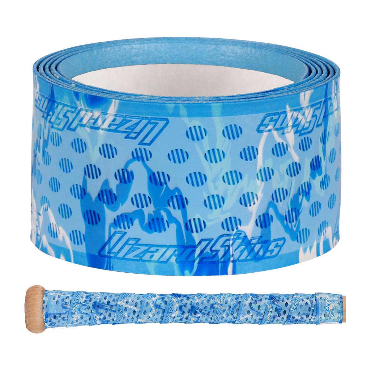 The Lizard Skins DSP Ultra Camo 1.1mm Bat Grip features a blue design with lighter blue and white spots, inspired by their popular bat grip style. Shown here wrapped around a bicycle handlebar.