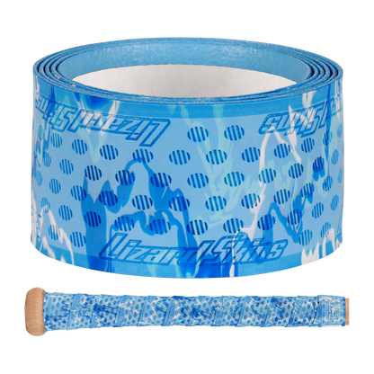 The Lizard Skins DSP Ultra Camo 1.1mm Bat Grip features a blue design with lighter blue and white spots, inspired by their popular bat grip style. Shown here wrapped around a bicycle handlebar.