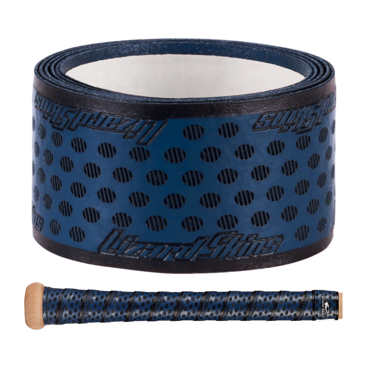 The Lizard Skins DSP Ultra Solid 1.1mm Bat Grip is a rolled-up blue and black polymer grip with perforations and Lizard Skins branding, shown above an image of the tape on a bat handle.