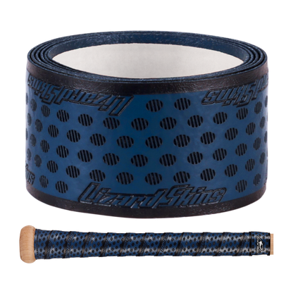 The Lizard Skins DSP Ultra Solid 1.1mm Bat Grip is a rolled-up blue and black polymer grip with perforations and Lizard Skins branding, shown above an image of the tape on a bat handle.