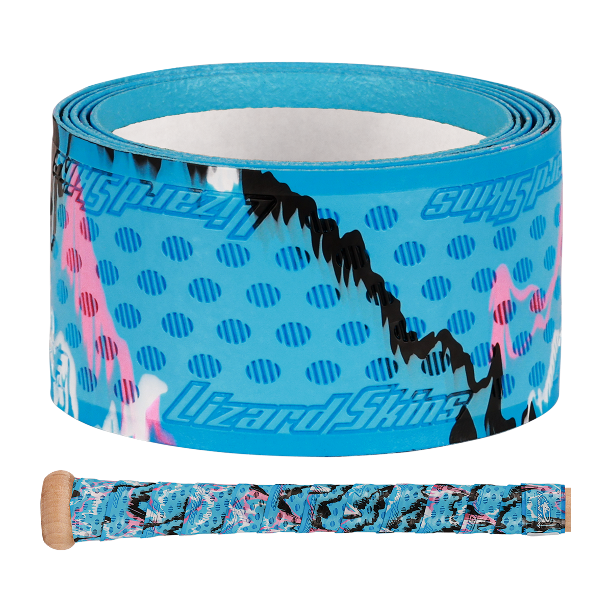 The Lizard Skins DSP Ultra Camo 1.1mm Bat Grip features bright blue with pink, black, and white abstract patterns plus small blue dots, shown both rolled up and wrapped around a bat handle.