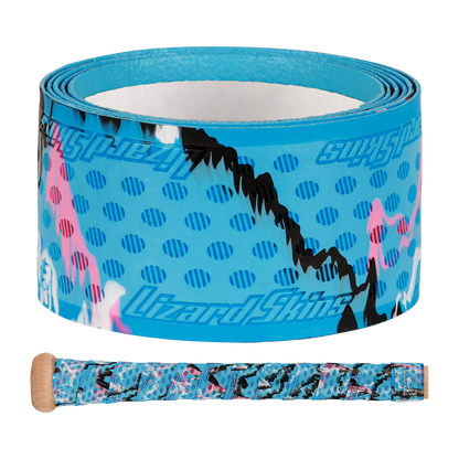 The Lizard Skins DSP Ultra Camo 1.1mm Bat Grip features bright blue with pink, black, and white abstract patterns plus small blue dots, shown both rolled up and wrapped around a bat handle.