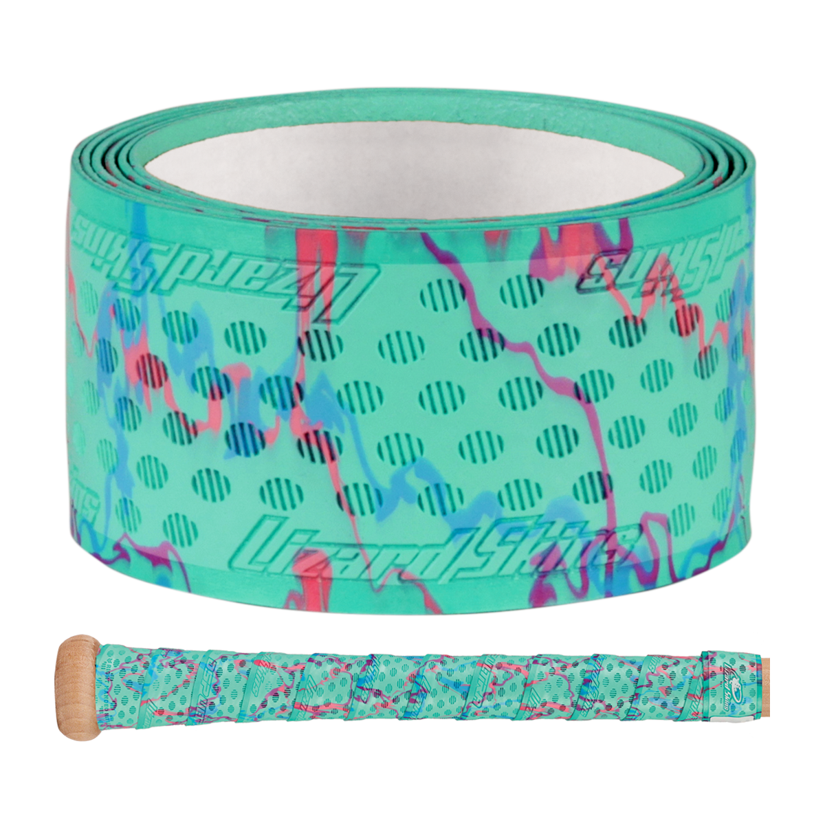The Lizard Skins DSP Ultra Camo 1.1mm Bat Grip features turquoise polymer with purple and pink camo patterns, black polka dots, and branding. A sample shows the grip wrapped around a handle below the roll.