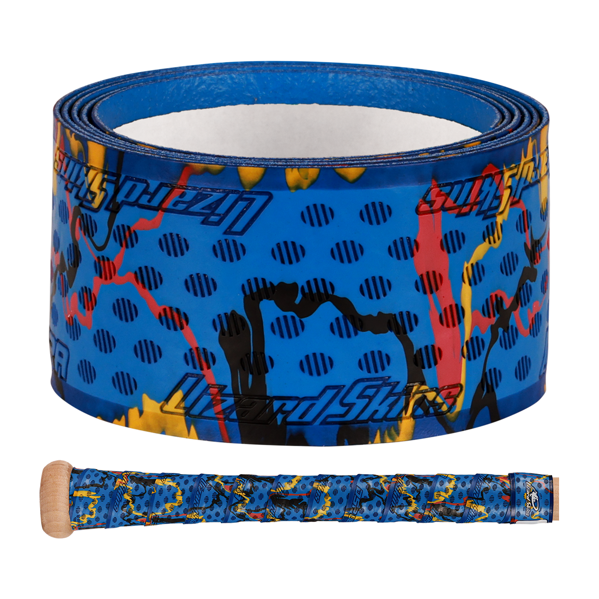A Lizard Skins DSP Ultra Camo 1.1mm Bat Grip in blue features a striking black, red, and yellow pattern. The wooden bat handle is wrapped with this eye-catching grip from Lizard Skins.