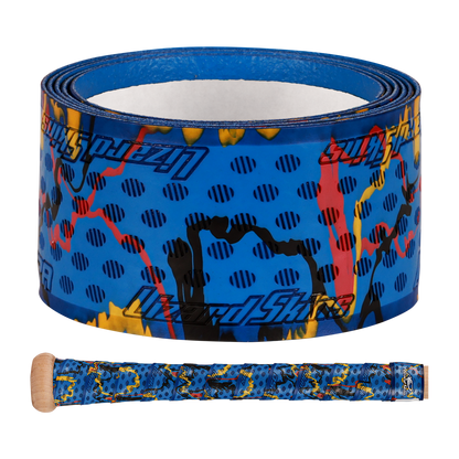A Lizard Skins DSP Ultra Camo 1.1mm Bat Grip in blue features a striking black, red, and yellow pattern. The wooden bat handle is wrapped with this eye-catching grip from Lizard Skins.