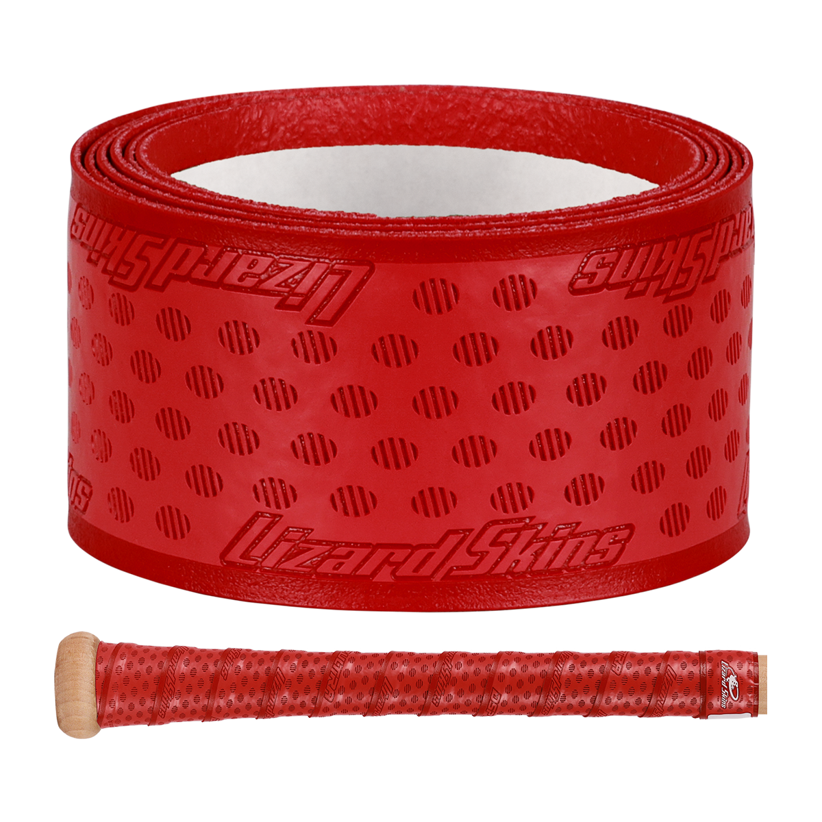 The Lizard Skins DSP Ultra Solid 1.1mm Bat Grip in red features a textured, dotted pattern. Below, a bat handle is wrapped with the grip, displaying its appearance when applied.