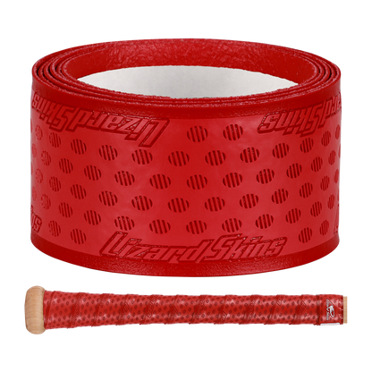The Lizard Skins DSP Ultra Solid 1.1mm Bat Grip in red features a textured, dotted pattern. Below, a bat handle is wrapped with the grip, displaying its appearance when applied.