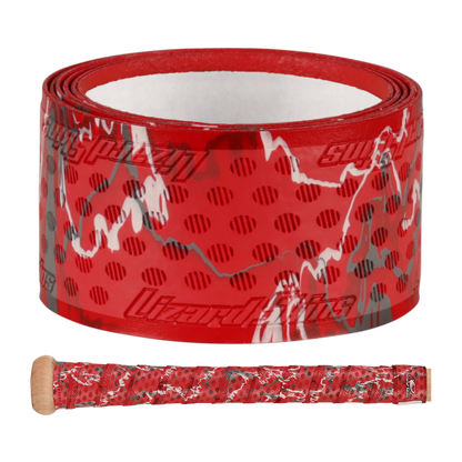 A Lizard Skins DSP Ultra Camo 1.1mm Bat Grip in red with gray and white accents wraps around a baseball bat handle, showcasing the Lizard Skins brand name in a close-up view.