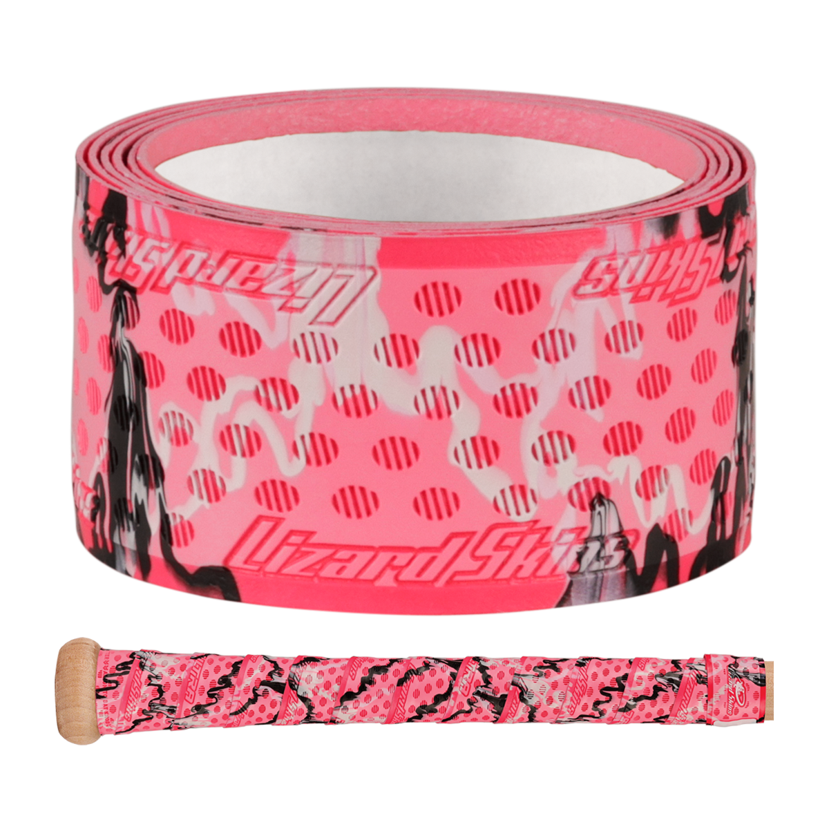 A roll of pink Lizard Skins handlebar tape with black and white camo patterns—made from the same premium polymer as the Lizard Skins DSP Ultra Camo 1.1mm Bat Grip—is shown above a handlebar wrapped in matching tape.
