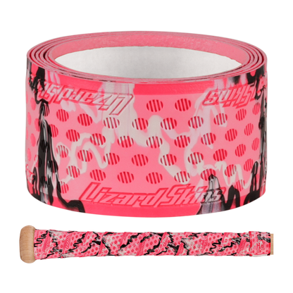 A roll of pink Lizard Skins handlebar tape with black and white camo patterns—made from the same premium polymer as the Lizard Skins DSP Ultra Camo 1.1mm Bat Grip—is shown above a handlebar wrapped in matching tape.