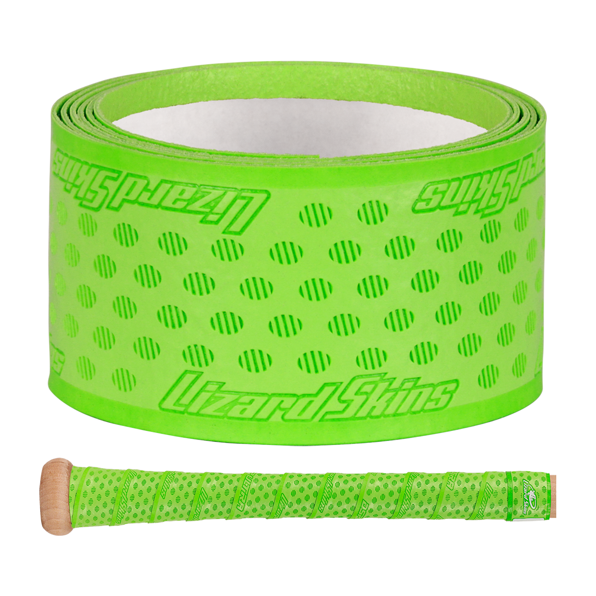 A roll of Lizard Skins DSP Ultra Solid 1.1mm Bat Grip in bright green with a dotted pattern and logo, shown next to a bat handle wrapped in the same vibrant Lizard Skins grip.