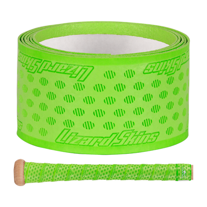 A roll of Lizard Skins DSP Ultra Solid 1.1mm Bat Grip in bright green with a dotted pattern and logo, shown next to a bat handle wrapped in the same vibrant Lizard Skins grip.