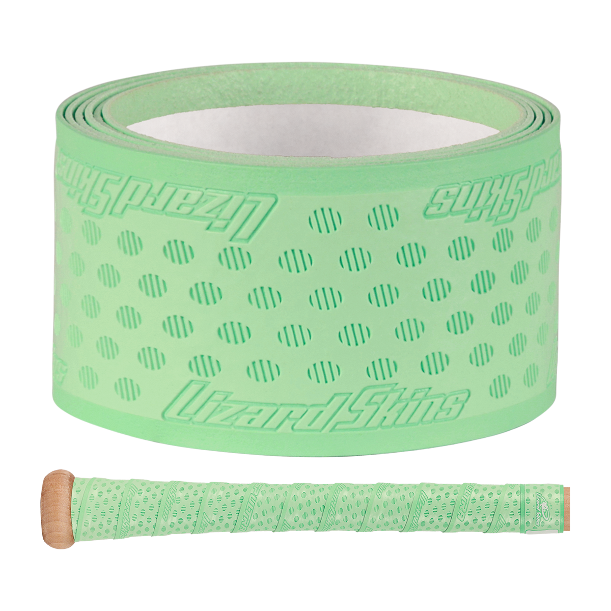 A roll of Lizard Skins DSP Ultra Solid 1.1mm Bat Grip in mint green with a textured, dotted pattern, plus a baseball bat wrapped with the same Lizard Skins grip is shown below the roll.