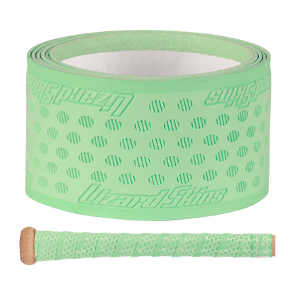 A roll of Lizard Skins DSP Ultra Solid 1.1mm Bat Grip in mint green with a textured, dotted pattern, plus a baseball bat wrapped with the same Lizard Skins grip is shown below the roll.