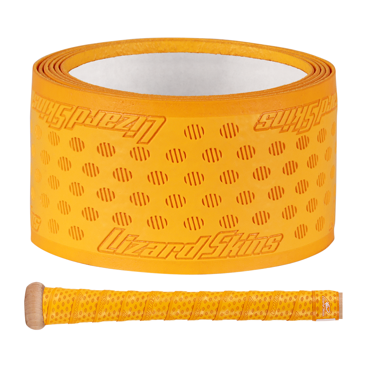 A roll of yellow Lizard Skins DSP Ultra Solid 1.1mm Bat Grip with a textured, dotted pattern is shown above a baseball bat handle wrapped in the same Lizard Skins grip.