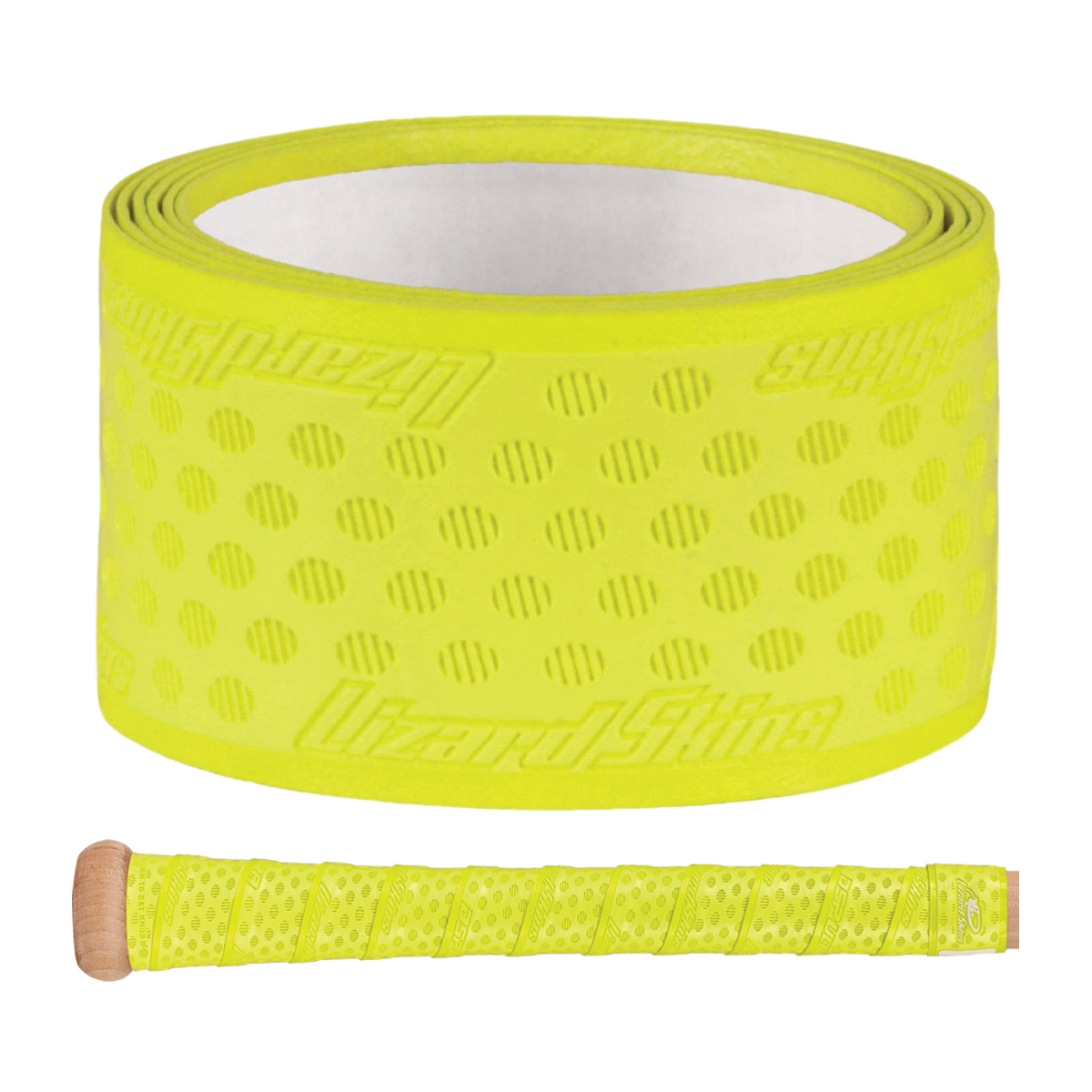 A rolled Lizard Skins DSP Ultra Solid 1.1mm Bat Grip in bright yellow, featuring small perforations and an embossed logo, is shown above a bat handle wrapped with the same grip from Lizard Skins.