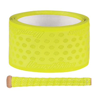 A rolled Lizard Skins DSP Ultra Solid 1.1mm Bat Grip in bright yellow, featuring small perforations and an embossed logo, is shown above a bat handle wrapped with the same grip from Lizard Skins.