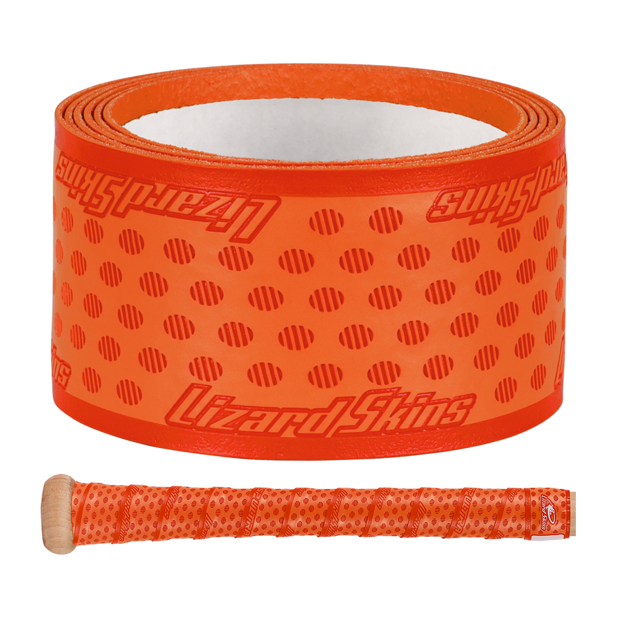 A Lizard Skins DSP Ultra Solid 1.1mm Bat Grip in orange with a dotted design and logo is displayed above a bat handle wrapped with the same Lizard Skins grip.