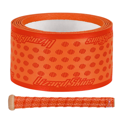 A Lizard Skins DSP Ultra Solid 1.1mm Bat Grip in orange with a dotted design and logo is displayed above a bat handle wrapped with the same Lizard Skins grip.