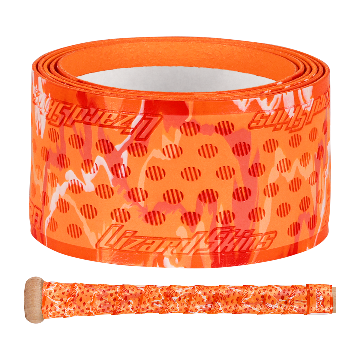 The Lizard Skins DSP Ultra Camo 1.1mm Bat Grip is an orange polymer grip tape with red dots and white streaks, wrapped on a handle. The Lizard Skins brand name appears on the grip.