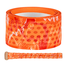 The Lizard Skins DSP Ultra Camo 1.1mm Bat Grip is an orange polymer grip tape with red dots and white streaks, wrapped on a handle. The Lizard Skins brand name appears on the grip.
