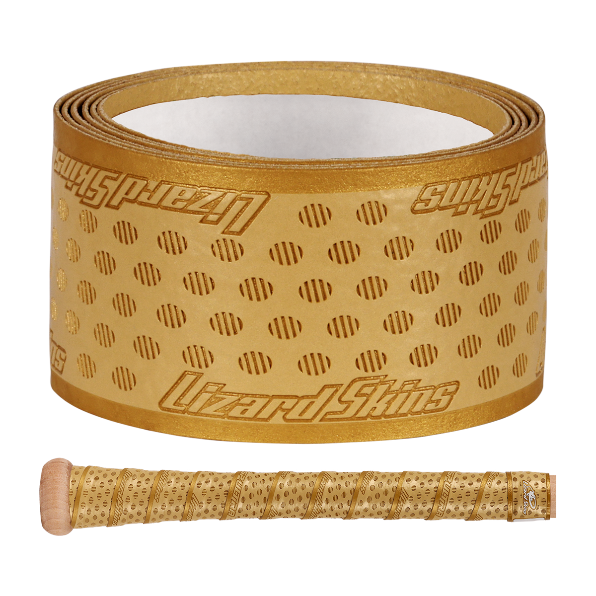 The Lizard Skins DSP Ultra Solid 1.1mm Bat Grip, shown in gold with a textured pattern, wraps around your bat handle for enhanced grip and style.