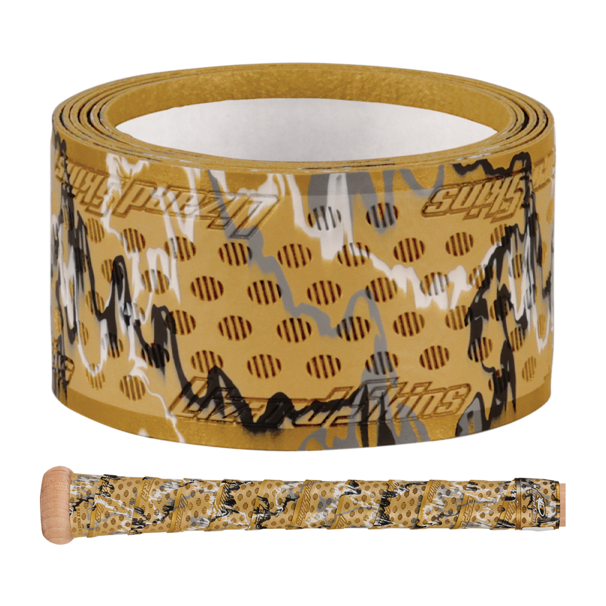 A rolled strip of Lizard Skins DSP Ultra Camo 1.1mm Bat Grip is shown above a wooden bat handle wrapped with the same Lizard Skins camouflage-patterned design.