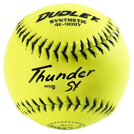 The Dudley NSA Thunder SY Senior 12" 44/400 Synthetic Slowpitch Softball (4E908Y) features bright yellow synthetic cover, black stitching, and printed text—ideal for your next slowpitch game.